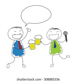 two businessman drink beer and singing and thumbs up for success with white bubble speech doodle vector