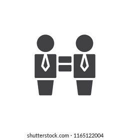 Two businessman and Equality sign vector icon. filled flat sign for mobile concept and web design. Interchangeable people solid icon. Symbol, logo illustration. Vector graphics