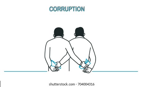 Two businessman exchange money and envelop document behind their back in concept of corruption. Outline, linear, thin art line, doodle, cartoon, hand drawn sketch.