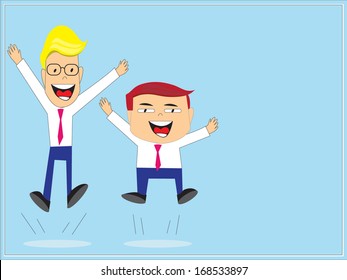 two businessman feel very glad by jumping