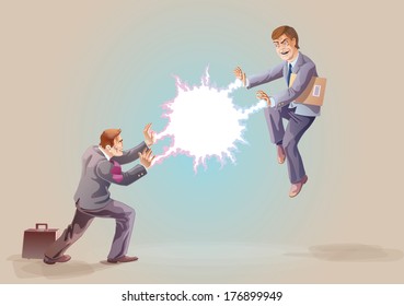 Two businessman are fighting using their super abilities. 