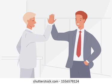 Two businessman giving high five. Men friendly greeting. Vector illustration in a flat style