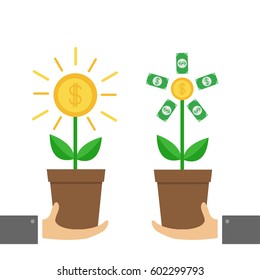 Two businessman hand holding Growing paper money tree shining coin with dollar sign Plant in the pot. Financial growth concept. Successful business icon. Flat design. White background Isolated. Vector