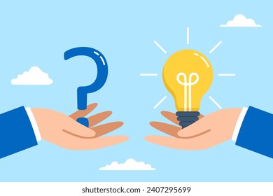 Two businessman hand holding question mark and light bulb for answer in flat design