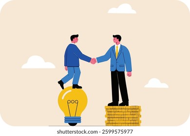 two Businessman hand shaking, one person standing on a light bulb and the other one standing of a coin stack