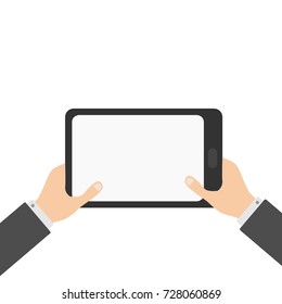 Two businessman hands holding genering tablet PC gadget. Male female teen hand and black Tab with blank screen. Empty space template for text. Flat design White background Isolated Vector illustration