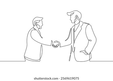 Two Businessman Handshake Continuous One Line Drawing. Partnership Concept Trendy Contemporary Single Line Drawing. Business Concept, Outline Vector Minimalist Art for Trendy Design. Not AI