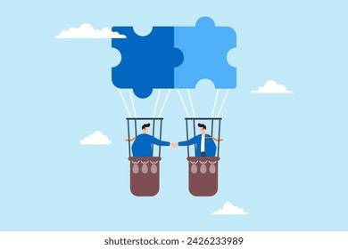 Two businessman handshake on connecting jigsaw balloon