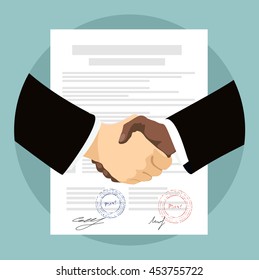 Two Businessman handshake on contract papers after agreement. vector illustration in flat style.