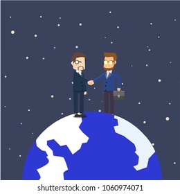 two businessman handshake on globe