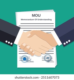 Dois homens de negócios handshake no memorando de entendimento documentos legais documentos contratuais após o acordo. ilustração vetorial em estilo plano sobre fundo verde