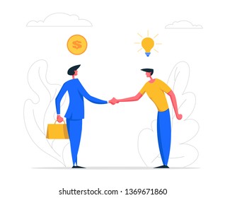 Two Businessman Handshaking. Business Agreement, Partnership Financial Cooperation Concept. Business Characters Shaking Hands Idea Selling for Money. Flat Vector Cartoon Illustration