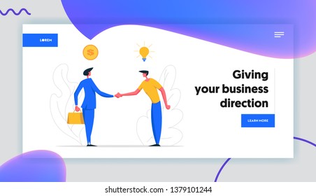 Two Businessman Handshaking Web Banner. Business Agreement, Partnership Financial Cooperation Concept. Business Characters Shaking Hands Idea Website Landing Page. Flat Vector Cartoon Illustration