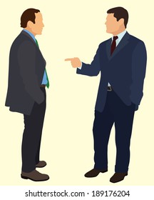 Dos empresarios conversando con uno apuntando al otro