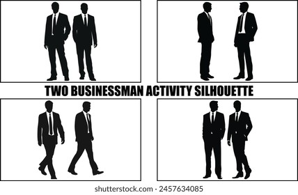 Two Businessman Having A Discussion Vector art Silhouette Set, Two Businessman activity silhouette black Clipart Collection