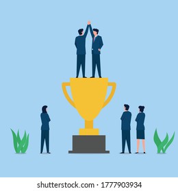 Two businessman high five above the trophy the metaphor of success and cooperation. Business flat vector concept illustration.