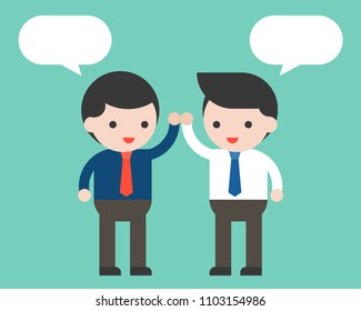Two businessman high five and blank bubble speech, partner or co worker business concept template, flat design