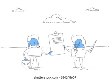 Two Businessman Hold Contract Signing Up, Business Man Deal Successful Agreement Concept Vector Illustration