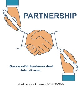 Two businessman holding a pen in hand, drawing handshake as symbol of partnership cooperation, concept. Background for business and finance. Vector illustration flat style, design outline. Agreement.
