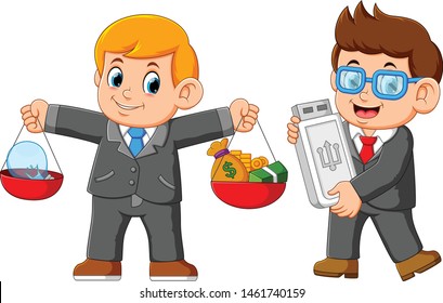 Two Businessman holding USB card and carrying a balance