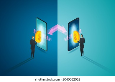 Two businessman interacting transfer money digital via smart phone with peer-to-peer lending. isometric vector illustration.