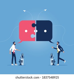 Two businessman with jigsaw speech bubble disagree and fail to communicate