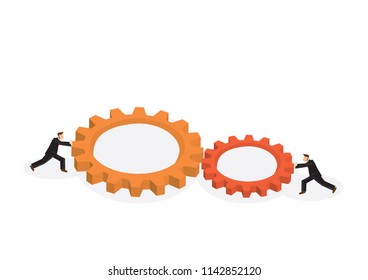 Two businessman joining gears. Concept of business cooperation; team work; collaboration and partnership. Vector illustration.