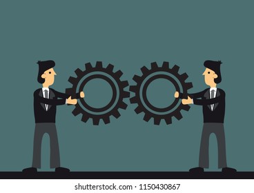 Two businessman joining gears. Concept of business cooperation; team work; collaboration and partnership. Vector illustration.