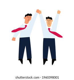 Two businessman jump together. Success in business. Illustration on white background. 