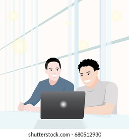 Two Businessman with laptop, Businessman are experiencing insurance doing work, Freelance is working exchanging ideas,Vector illustration.