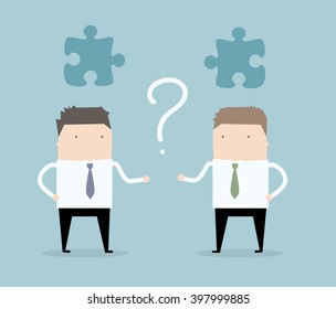 Two businessman are looking for connection. Missing piece. Business concept illustration.