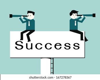 Two businessman looking for success with telescope, sitting on big billboard with message 'success'.  Business concept. 