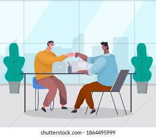 Two businessman make a touch with their hands in agreement. Good deal, concept of business partnership, conclude success agreement. Colleagues congratulate each other on making the right decision