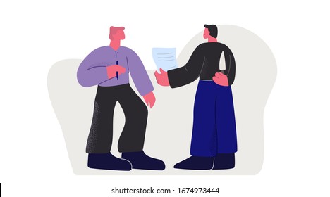 Two businessman making deal signing contract fraud fake holding knife behind back vector flat illustration. Cartoon male business partner betrayal big limbs style isolated on white background