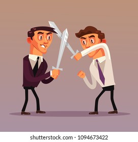 Two businessman office worker characters fighting with swords. Business competitions rivalry battle concept isolated flat cartoon graphic design illustration
