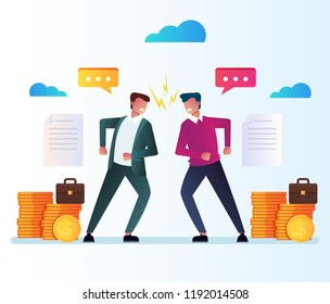 Two businessman office workers character have disagreement business contract document. Employee managers investment conflict concept. Vector flat cartoon isolated illustration