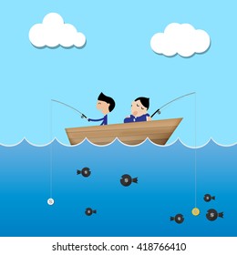 two businessman on the boat catching money concept