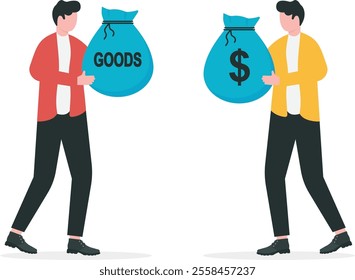 Two businessman, one holding a sack with label reads Goods and the other carrying a sack with dollar sign. 
