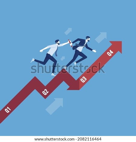 Two businessman passing the baton running relay race on arrow, business growth concept