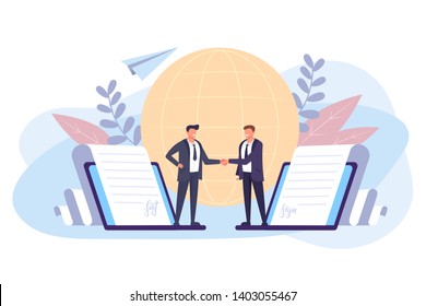 Two businessman people office worker shaking hand and sign contract by electronic signature. Business online concept. Vector flat graphic design isolated illustration