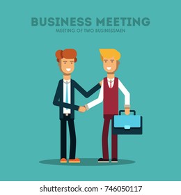 Two businessman. Two persons are shaking hands, businessman, partners. Greets a new employee. Vector, illustration, flat