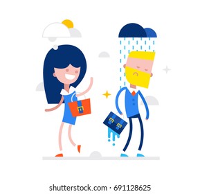 Two Businessman Positive Woman and Negative Man In Different Emotions. 