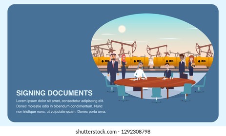 Two Businessman Process Signing Documents. Banner Illustration Mutually Beneficial Cooperation an International Oil Company. Group People for Business Meeting. Yellow Railway Wagon for Transportation