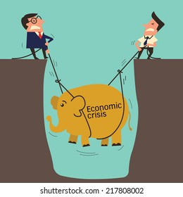 Two businessman, professional manager with subordinate worker try to pull up an elephant from big hole, metaphor to lift up economic crisis. Simple design with copyspace, you can write your own text.
