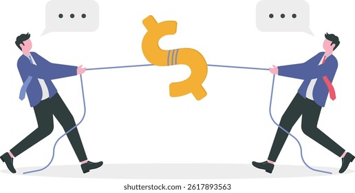 Two businessman pulling dollar as symbol of competition, conflict concept Vector illustration in flat style.

