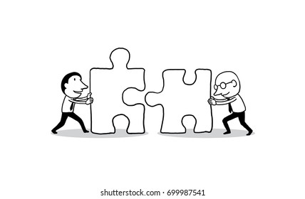 two businessman pushing big jigsaw piece towards each other. business teamwork concept. isolated vector illustration outline hand drawn doodle line art cartoon design character.