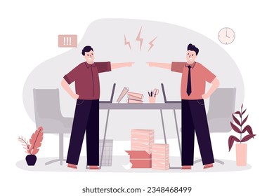 Two businessman quarreling in office room. Conflict between colleagues. Business disagreements and problems at work. Furious people shouting at each other. blame, bullying. Flat vector illustration