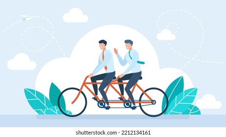 Two businessman riding tandem bicycle to goal. Teamwork concept. Two joyful men riding tandem bicycle flat vector. Happy friends spends time together and travel on bike. Flat Vector Illustration