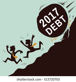 Two businessman running away to avoid rock rolling from mountain with text, 2017 debt, business concept in bankruptcy, risk, unstable, crisis in new year 2017 coming. Funny vector illustration.