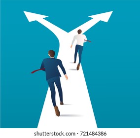 two businessman running on crossroads and making choice vector. business concept illustration. running competition